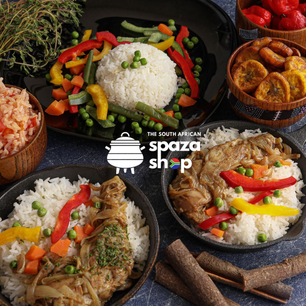 A South African meal with rice, vegetables, chicken, plantains, and spices, featuring the "South African Spaza Shop" logo.